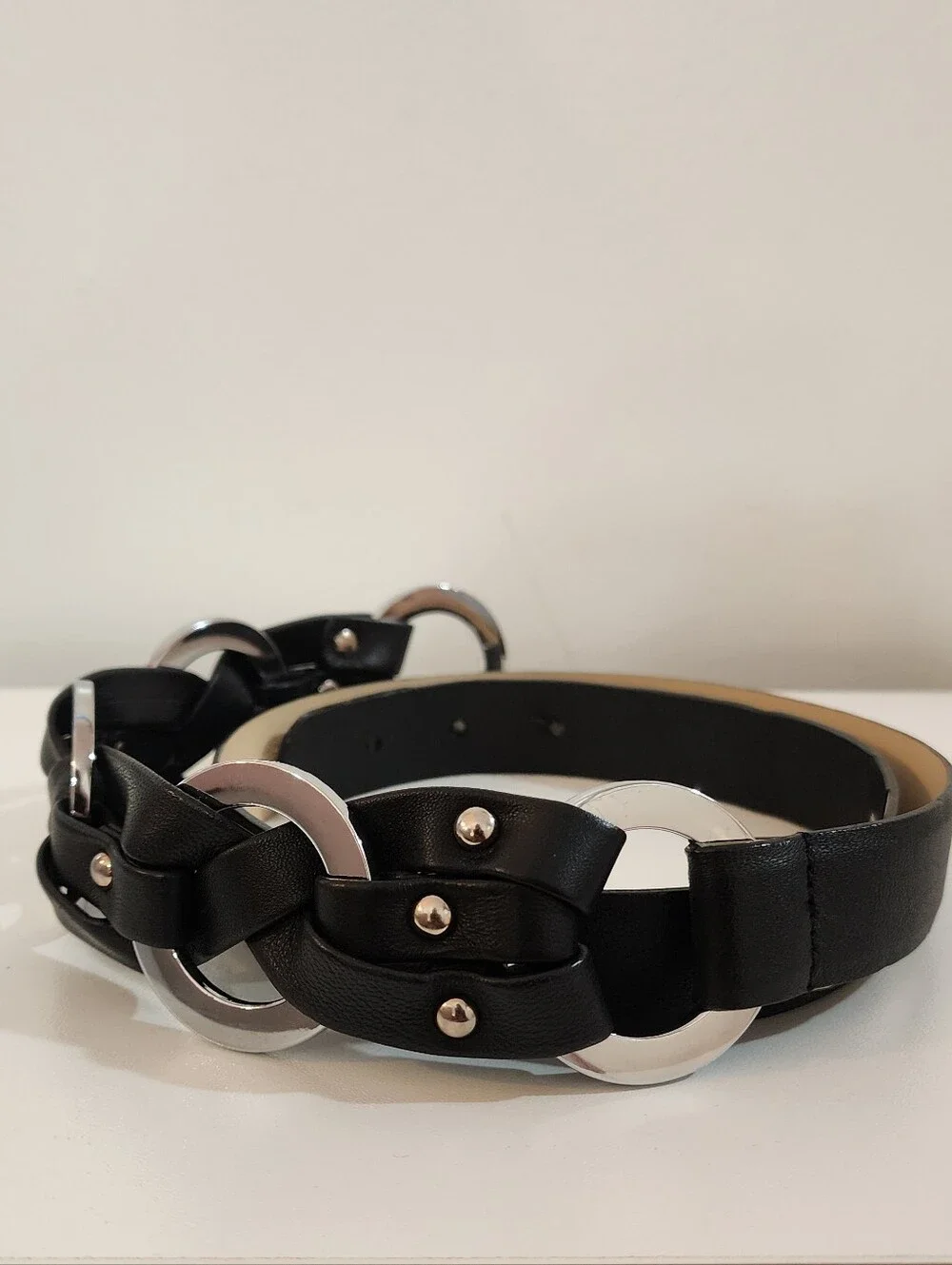 Worth Black Interwoven Leather Belt with Silver Rings